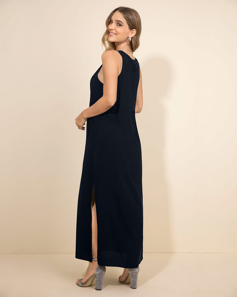Vestido largo silueta amplia con abertura lateral#color_700-negro