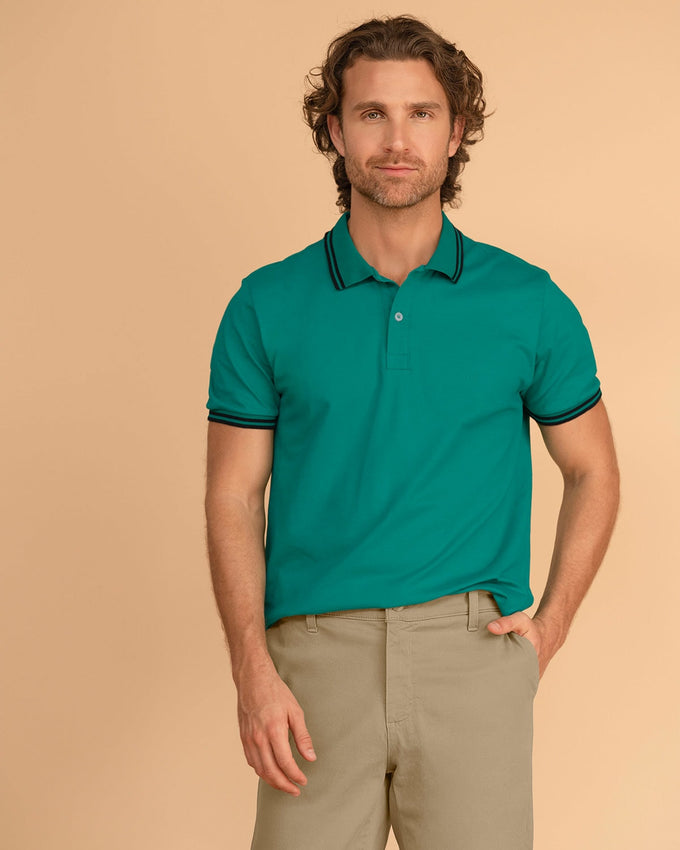 Camiseta tipo polo con cuello y mangas tejidas#color_653-verde-medio