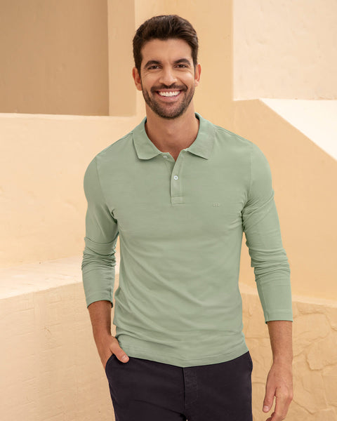 Camiseta tipo polo manga larga con logo bordado en frente#color_172-verde-claro