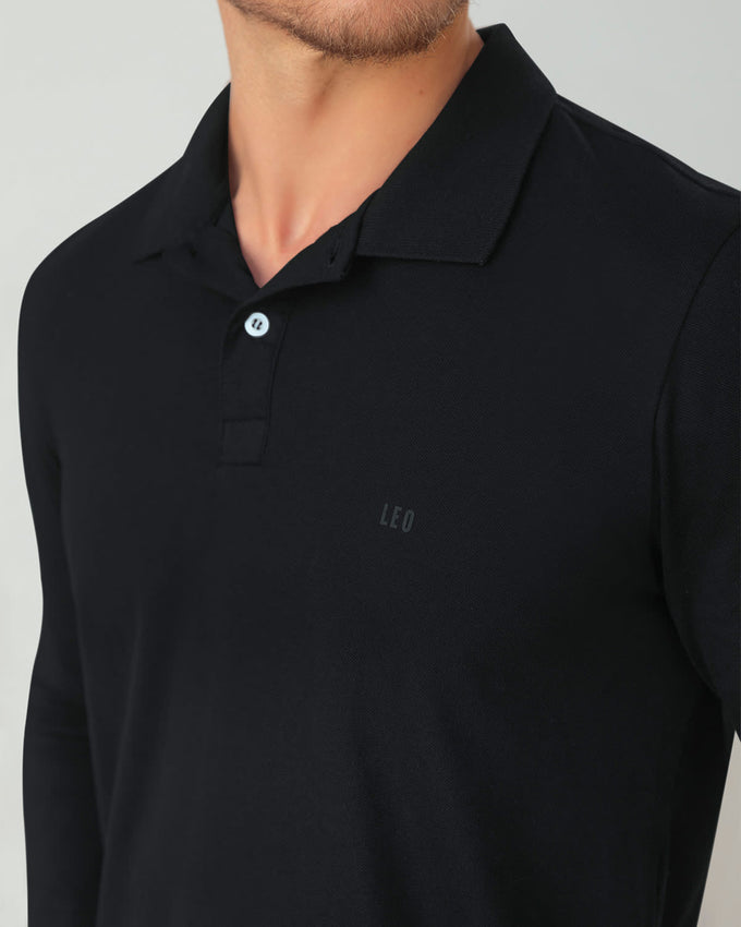 Camiseta tipo polo manga larga con bordado en frente#color_700-negro