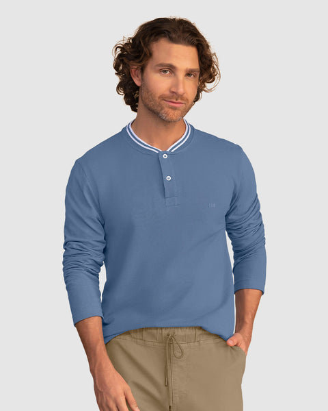 Camiseta manga larga con botones  funcionales  y logo en frente#color_408-azul-medio