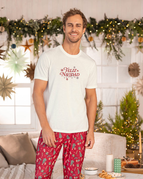 Camiseta manga corta de pijama masculina#color_812-marfil-estampado