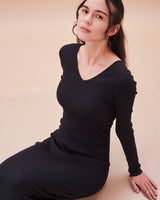 Vestido largo cuello V manga larga escote espalda V#color_001-negro