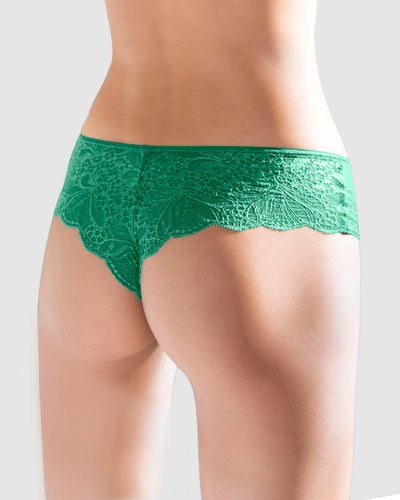 Panty cachetero semidescaderado en encaje y tul con refuerzo en algodón#color_677-verde-oscuro