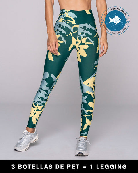 Legging de tiro alto control en abdomen y muslos en material pet reciclado#color_060-estampado-hojas-verde