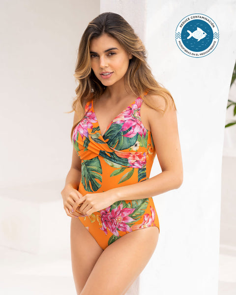 Traje de baño con drapeado en el escote bio-pet#color_204-estampado-hojas-naranja