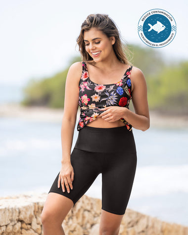 Traje de baño tankini camiseta + short largo bio-pet#color_701-estampado-flores-negro