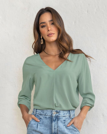 Blusa manga 3/4 con charretera en mangas#color_601-verde-pastel