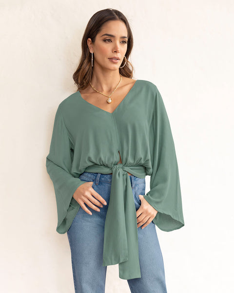 Blusa manga larga cuello en v y mangas tipo campana#color_601-verde-pastel