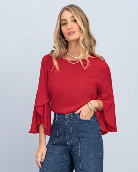 Blusa manga corta con cuello redondo y bolero en mangas#color_302-rojo