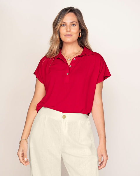 Blusa manga corta con botones funcionales y cuello camisero#color_302-rojo