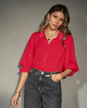 Blusa manga corta con aplique de perlas#color_302-rojo