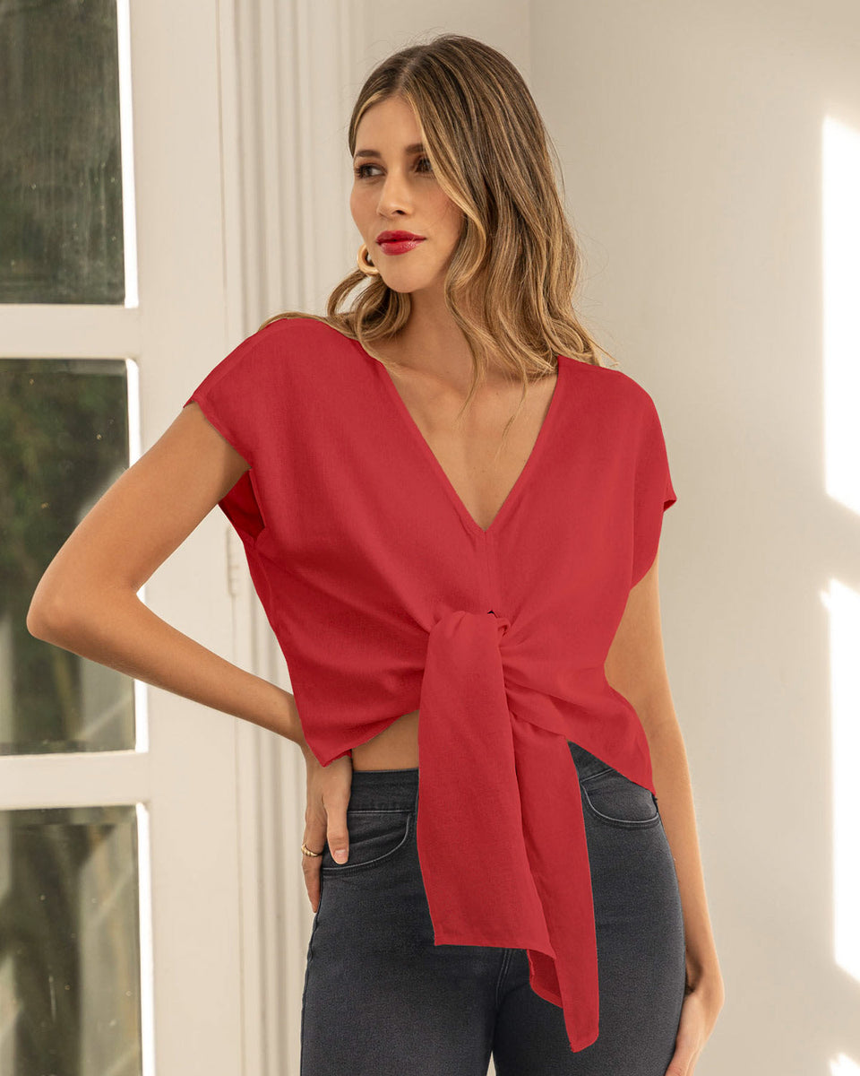 Blusa manga corta cuello en V y tira gruesas anudables