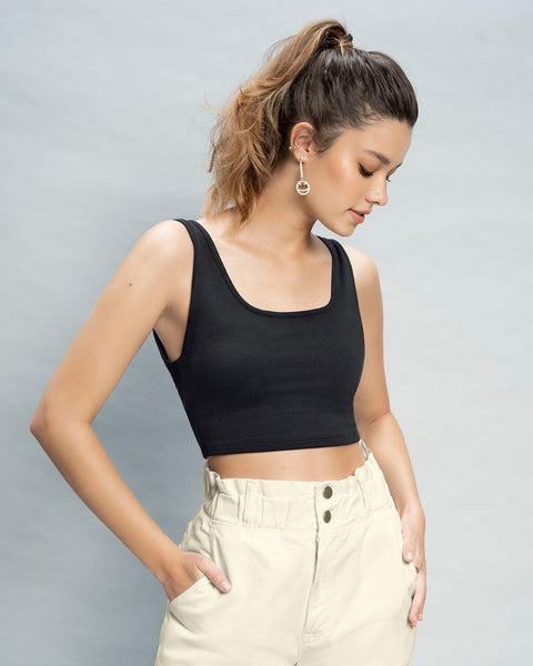 Camiseta manga sisa crop top en tejido acanalado#color_700-negro