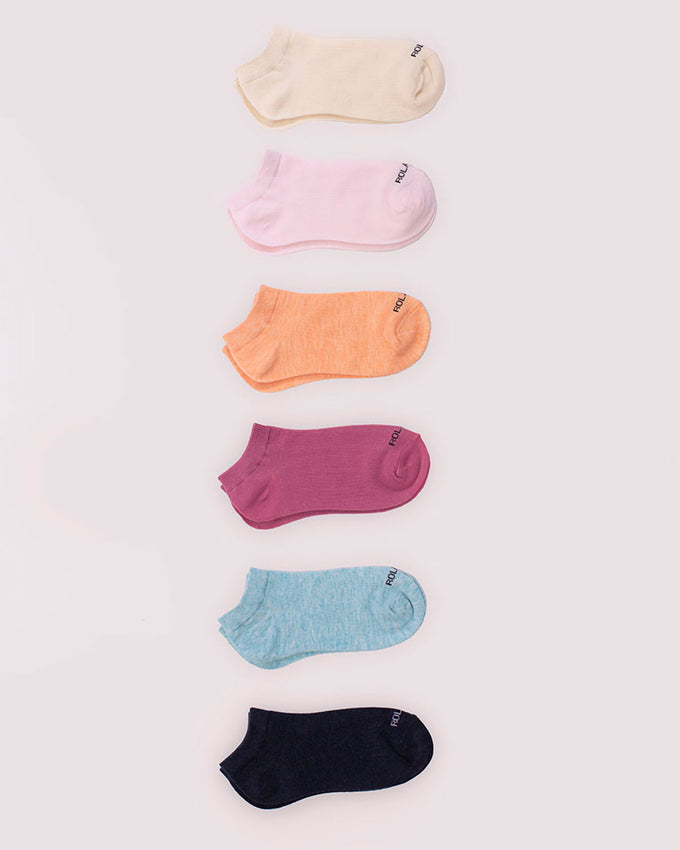 Media tobillera lisa para dama pack x6 con algodón peinado#color_993-surtido-marfil-rosado-naranja-fucsia-azul